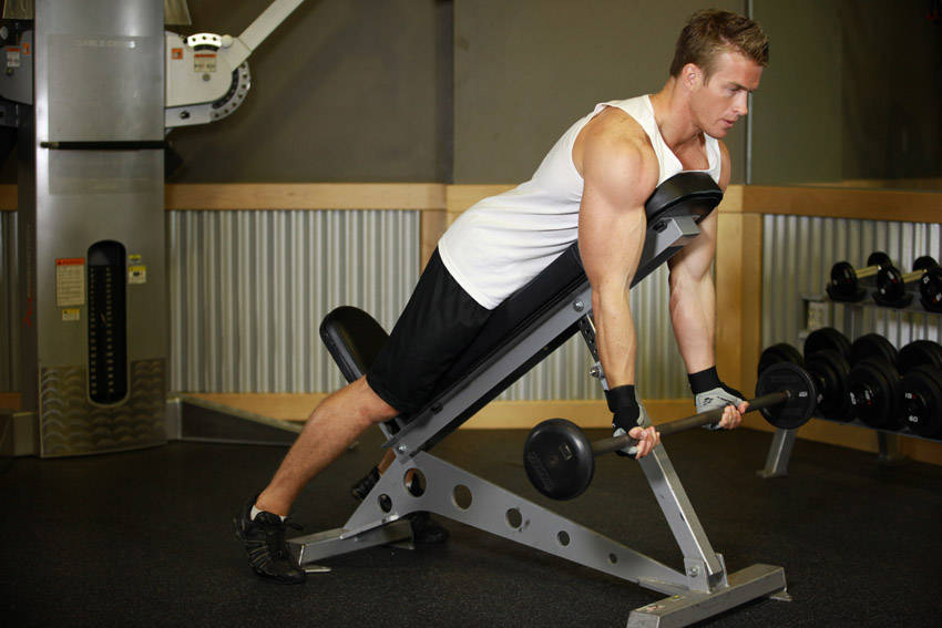Barbell Curls Lying Against An Incline — Barbell Biceps exercise demonstration