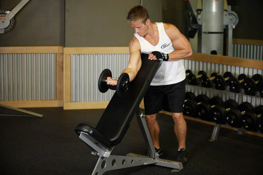 Standing One-Arm Dumbbell Curl Over Incline Bench — Dumbbell Biceps exercise demonstration