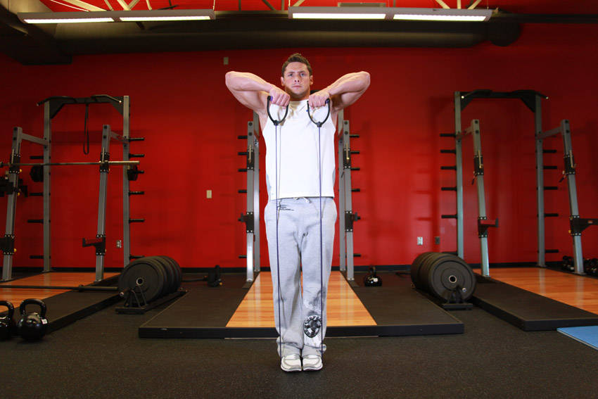 Upright Row - With Bands — Band Trapezius exercise demonstration